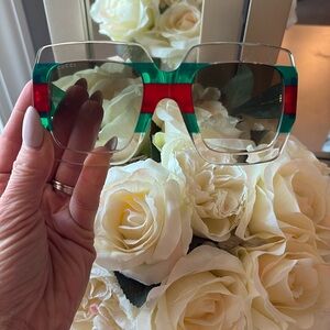 Green, red and clear, oversized, Gucci, sunglasses, serial number on glasses arm
